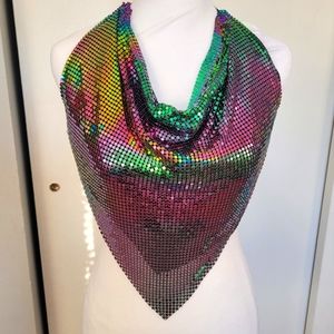 🖤 Draped Front Hanky Hem Open Back Metallic Halter Top